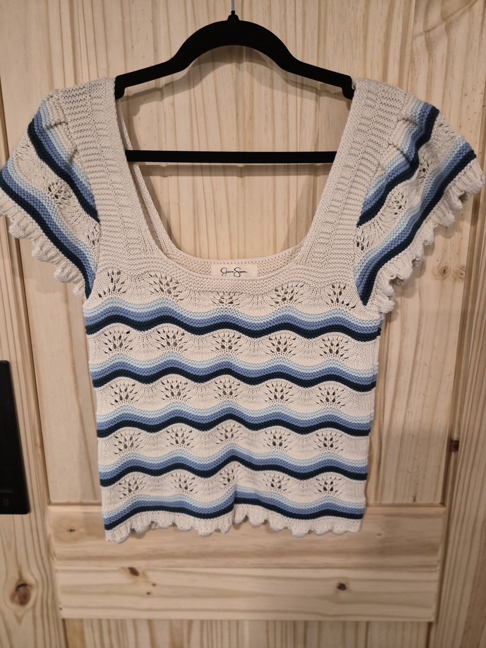 Jessica Simpson Cream Knit Crop Top with Blue Wave Stripes